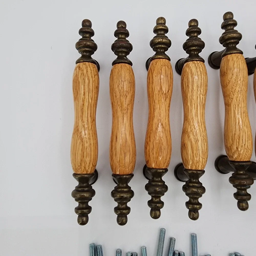 Vintage Salvaged Recycled‎ Wood & Brass Drawer Pulls Oak & Metal Cabinet Handles